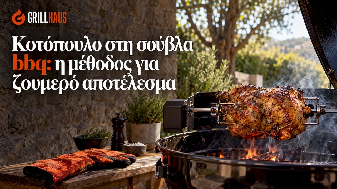 Χρυσαφένιο κοτόπουλο γυρίζει στη σούβλα